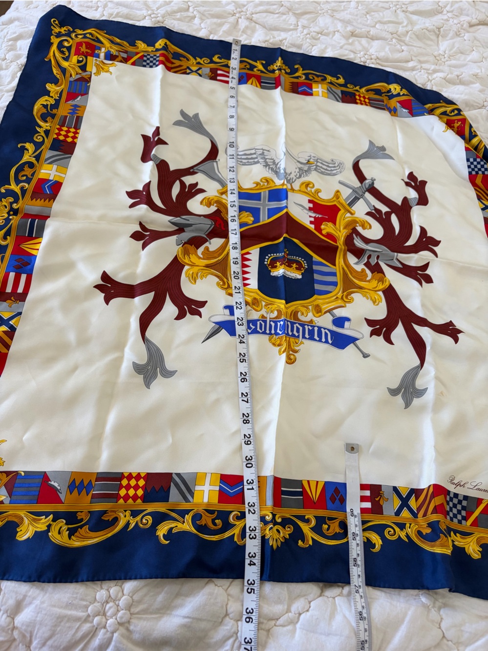 Vintage Ralph Lauren "Lohengrin" Silk Scarf Heraldic Crest Navy Gold 34"x34"